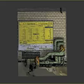 Industrial Hardware Tools With Brick Wall Yellow Control Panel And Green Orange Striped Pipes